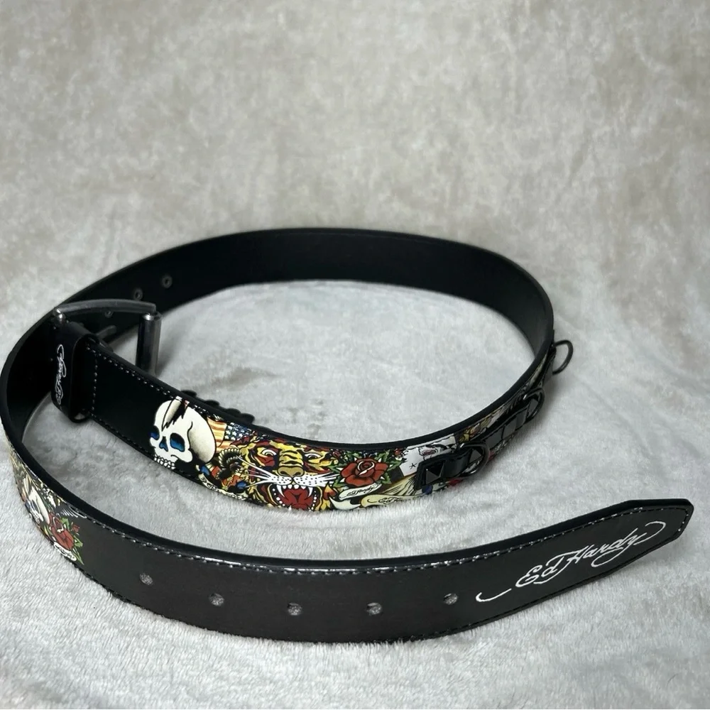 Ed Hardy Men's Leopard Skull Print Belt Black With Pyramid Rivet Studs Size 38